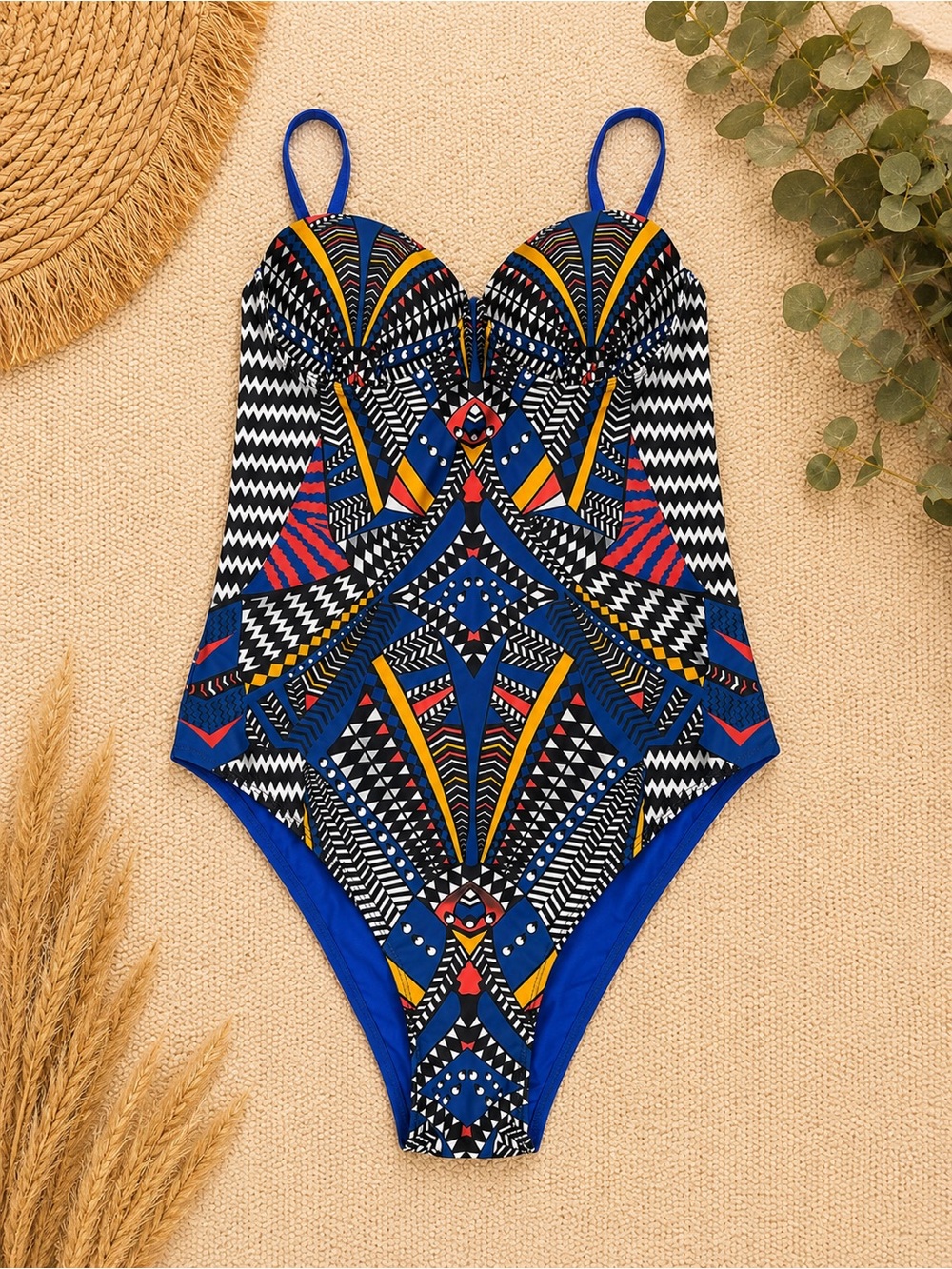 SHEIN Blue Multicolor Geometric One-Piece Swimsuit